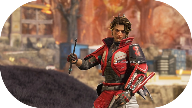 game personage in rode outfit met wapen in actiehouding