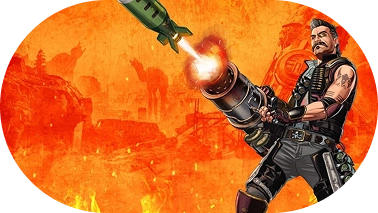 Een stoere man met een snor vuurt een groot wapen af ​​waarmee een raket wordt gelanceerd. Op de achtergrond is een vurig, post-apocalyptisch landschap te zien met een oranje gloed.