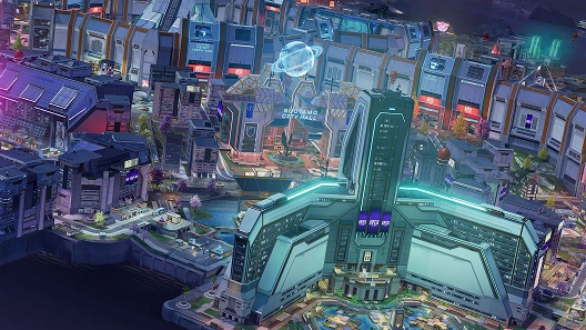 overzicht van futuristische stad map met gebouwen en technologie