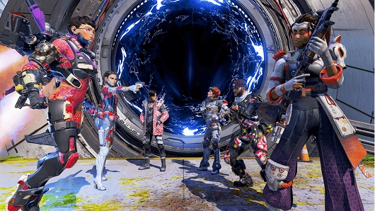 groep futuristische personages bij een portaal in actiescène